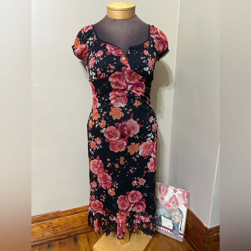 Y2K Zinc Dark Romantic Babydoll Midi Length Floral Dress USA Made (Runs Small)